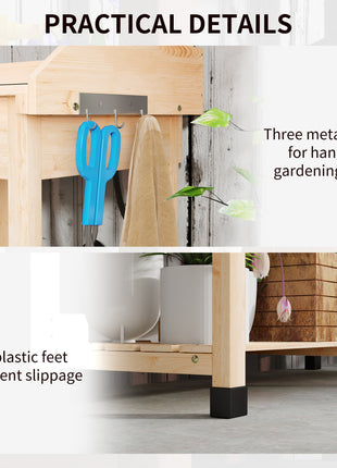 Potting Bench Table, Outdoor Garden Table Wooden Work Station with Removable Sink, Faucet, Drawer, Shelves, Hooks, Natural Wood