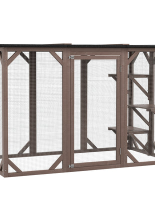 Outdoor Cat House, Catio Wooden Feral Cat Shelter, Cat Cage with Platforms, Large Enter Door, Weather Protection Asphalt Roof, 71" L, Brown