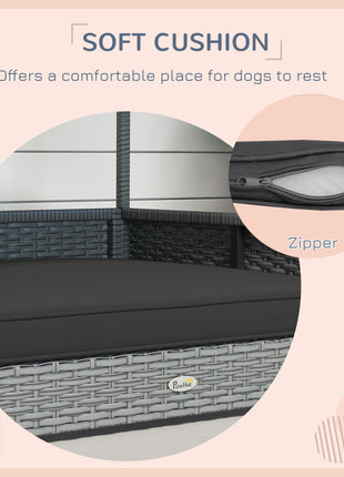 Wicker Dog House Outdoor with Canopy, Rattan Dog Bed with Water-resistant Cushion, Raised Pet Bed for Small, Medium Breeds up to 66 lbs, 20" in Length, Silver Wicker, Gray Cushion