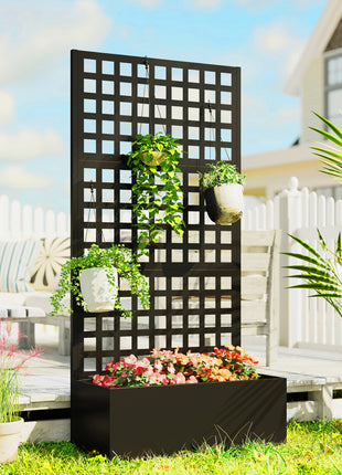 Galvanized Raised Garden Bed Planter Box with Trellis for Climbing Plants, Vegetable, Vines, 35" x 16" x 70", Black