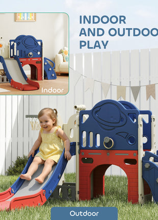 8-in-1 Toddler Slide Set with Basketball Hoop, Indoor Outdoor Playground Playset for Kids, Blue