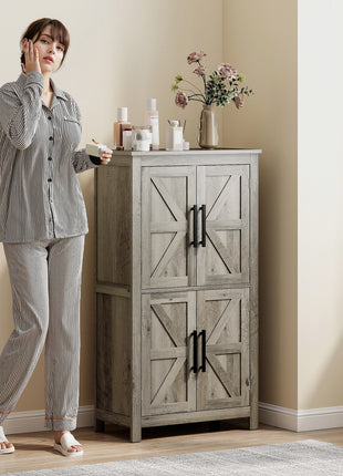 Bathroom Floor Storage Cabinet, Farmhouse Bathroom Cabinet with 4 Doors and Adjustable Shelf, Light Gray