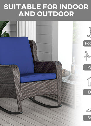 Outdoor Wicker Rocking Chair, Rattan Rocker with Cushions, Steel Frame for Patio, Garden, Backyard, Dark Blue