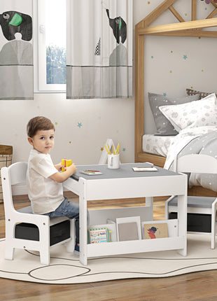 3pc Kids Table and Chair Set with Reversible Tabletop Blackboard, Storage & Bookshelves, Gray
