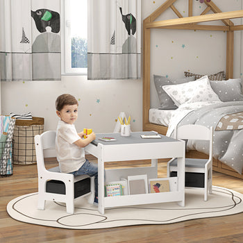 3pc Kids Table and Chair Set with Reversible Tabletop Blackboard, Storage & Bookshelves, Gray