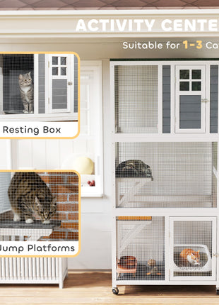 74" Wooden Catio Outdoor Cat Enclosure Weatherproof & Wheeled, Outside Cat House with High Weight Capacity, Kitten Cage Condo, White