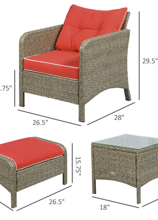 5 Pieces Rattan Wicker Lounge Chair Outdoor Patio Conversation Set with 2 Cushioned Chairs, 2 Ottomans and Tempered Glass Top Coffee Table, Brown/Red