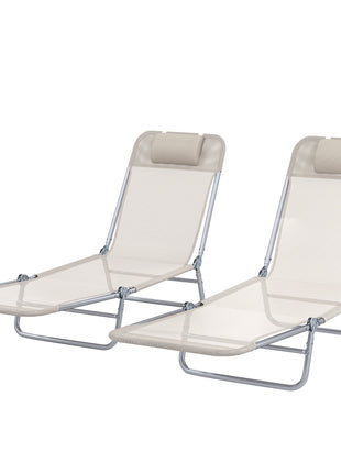 2 Piece Sun Loungers, Folding Chaise Lounge Chairs with Reclining Back, Breathable Mesh Seat, Headrest, Cream White