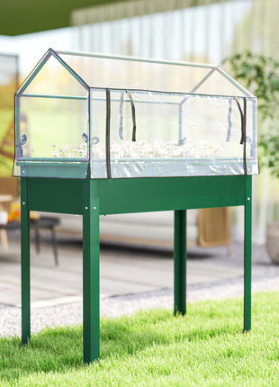 Elevated Garden Box with Greenhouse Cover, Raised Garden Bed with Legs and Drainage Hole for Vegetables, Green