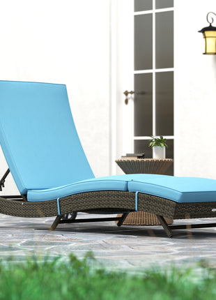 Patio Wicker Chaise Lounge Chair, Outdoor PE Rattan Sun lounger with Adjustable Backrest and 2 Wheels, Sky Blue