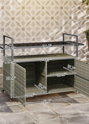 2-Tier Shelf PE Rattan Outdoor Bar Table, Glass Top Outdoor Serving Cart with Cabinet, Mixed Gray