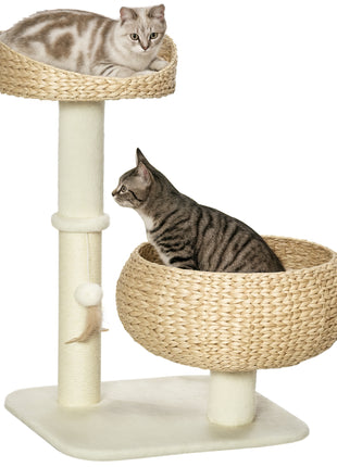28" Elevated Cat Bed with Sisal Scratching Post for Indoor Kitties, Modern Cat Tree with Cute Basket Design, Small Cat Tree with Fun Ball Toy