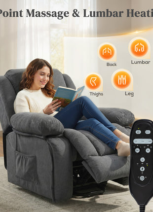 Overstuffed Power Lift Recliner Chair with Vibration Massage and Heat, Side Pockets, Pocket Spring, for Adults, Gray