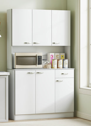 71" Kitchen Pantry Cabinet, Tall Storage Cabinet with Microwave Stand, Modern Kitchen Hutch with Countertop, 6 Doors, Storage Drawer, 3 Adjustable Shelves for Living Room, Dining Room, White