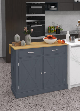 Rolling Kitchen Island with Drop Leaf Wood Breakfast Bar, Farmhouse Kitchen Cart with 2 Drawers, Dark Gray