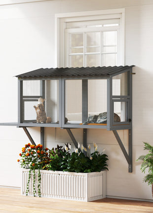 Wooden Cat Catio, Outdoor Cat Enclosure Window Perch with Jumping Platform, for Safely Enjoying Outdoor Sights, Gray