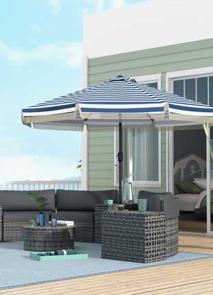 9ft Patio Umbrella Outdoor Table Umbrella w/ Tilt, Crank, Ruffled, 8 Ribs for Garden, Deck, Pool, Blue Stripe