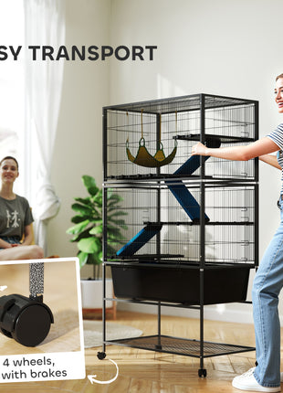 59" 5-Level Small Animal Cage, Rolling Ferret Cage with 6.3" Deep Tray, Non-Slip Cloth Covered Ramps, Hammock, Dark Gray