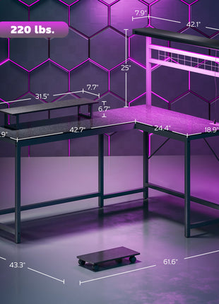 61.6" L Shaped Gaming Desk with Power Outlets & LED Lights, Computer Desk with Monitor Stand and CPU Shelf, Black