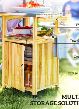 Outdoor Grill Cart w/ Stainless Steel Top, Solid Wood Outdoor Kitchen Island w/ Wheels, Integrated Hole, Natural Wood