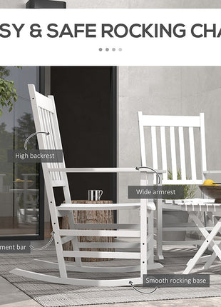 Outdoor Rocking Chair Set of 2 with Side Table, Patio Wooden Rocking Chair with Smooth Armrests, High Back for Garden, Balcony, Porch, Supports Up to 352 lbs. , White