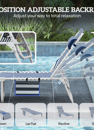 Tanning Chair with Face Hole and Side Table, 5-Position Folding Outdoor Chaise Lounge Chair, Blue and White