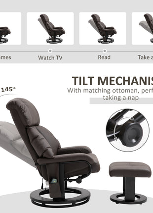 Recliner with Ottoman Footrest, Recliner Chair with Vibration Massage, Faux Leather and Swivel Wood Base for Living Room and Bedroom, Brown