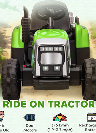 12V Ride on Tractor with Trailer, 25W Dual Motors, Battery Powered Electric Tractor with Remote Control, Music Startup Sound and Horn, LED Lights, Green