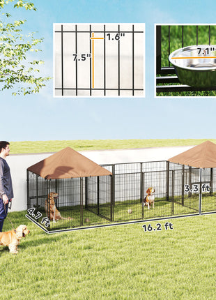 Large Outdoor Dog Kennel with 2 Rooms, Rotating & Adjustable Height Bowls, Waterproof & UV-Resistant Canopy