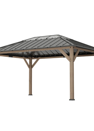 12' x 16' Hardtop Gazebo with Galvanized Steel Roof, UPF50+ Wood Permanent Pavilion with Clear Roof Top, Light Walnut