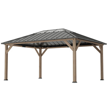 12' x 16' Hardtop Gazebo with Galvanized Steel Roof, UPF50+ Wood Permanent Pavilion with Clear Roof Top, Light Walnut