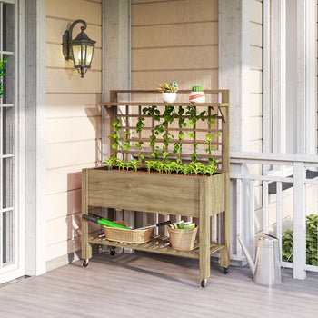 41" Raised Garden Bed Mobile Elevated Wooden Planter Box Stand with Wheels, Trellis and Storage Shelf, Dark Brown