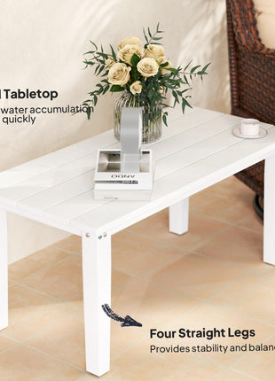 Rectangle Outdoor Coffee Table, HDPE All-Weather Outdoor Patio Table with Slatted Tabletop for Yard, Balcony, White