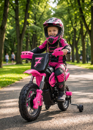 12V Kids Motorcycle, 2 x 35W Electric Dirt Bike with Training Wheels, Rear Suspension, Horn for 3-6 Years, Pink