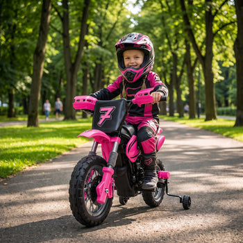 12V Kids Motorcycle, 2 x 35W Electric Dirt Bike with Training Wheels, Rear Suspension, Horn for 3-6 Years, Pink