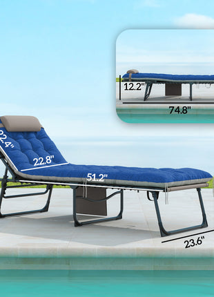 Outdoor Chaise Lounge Chair Set of 2, 5-Level Adjustable Folding Pool Lounge Chairs with Cushions, Brown/Blue