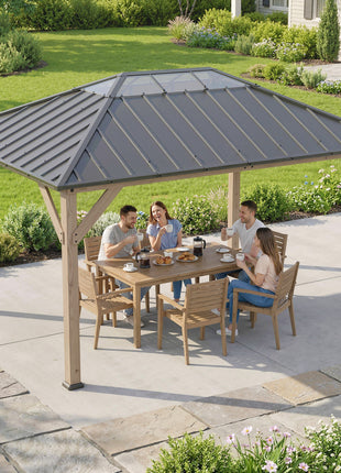 12' x 16' Hardtop Gazebo with Galvanized Steel Roof, UPF50+ Wood Permanent Pavilion with Clear Roof Top, Light Walnut
