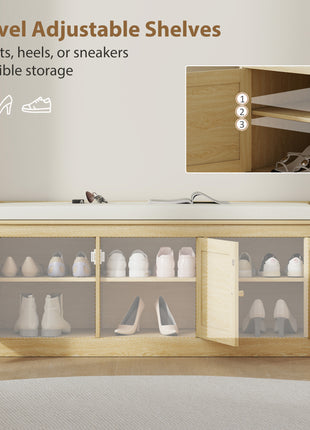 Shoe Storage Bench with Woven Rattan Doors, Shoe Bench with Cushion, Adjustable Shelves, Entryway Bench, Oak Tone