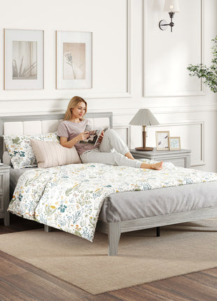 Full Bed Frame with Headboard Full Size Platform Bed Frame with Wooden Slats No Box Spring Needed Easy Assembly Gray