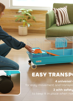 35"L Small Animal Cage, Rolling Bunny Cage, Guinea Pig Cage with Wheels, Food Dish, Water Bottle, Hay Feeder, Blue