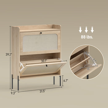 Shoe Cabinet with 2 Flip Drawers, Boho Narrow Shoe Storage Cabinet, Oak