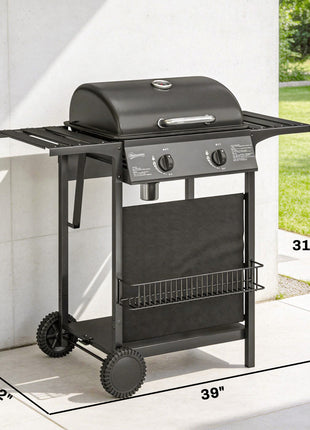 2 Burner Propane Gas Grill, 18000 BTU BBQ Grill with Wheels, Warming Rack, Shelf, Thermometer, Grease Cup, Black