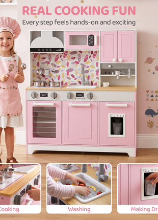 Play Kitchen, Kids Kitchen Playset with Coffee Maker, Ice Maker, Clicking Knobs, Storage, Accessories for 3-8 Years