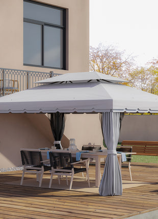 10' x 13' Patio Gazebo, Aluminum Frame Double Roof Outdoor Gazebo Canopy Shelter with Netting & Curtains, Light Gray