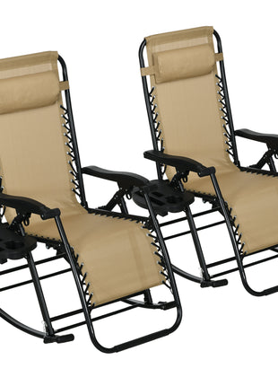 2 Outdoor Rocking Chairs Foldable Reclining Zero Gravity Lounge Rockers w/ Pillow Cup & Phone Holder, Beige