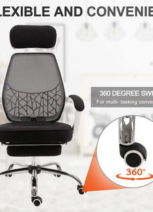 Ergonomic High Back Mesh Office Chair Swivel Reclining Computer Desk Chair with Retractable Footrest, Headrest, Padded Armrest