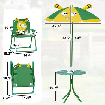 Kids Picnic Table and Chair Set, Outdoor Activity Table with Foldable Chairs, Height Adjustable Umbrella, Green