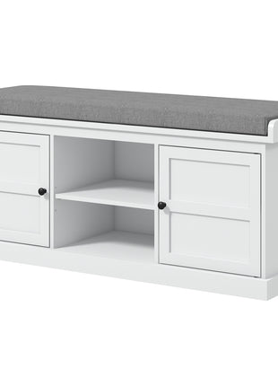 Shoe Storage Bench with Cushioned Seat, Entryway Bench Seat with 2 Cabinets and Adjustable Shelf for Hallway, White