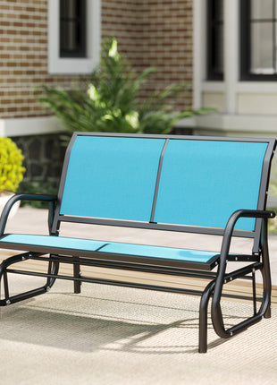2-Person Outdoor Glider Bench, Patio Double Swing Rocking Chair Loveseat w/Powder Coated Steel Frame for Backyard Garden Porch, Blue