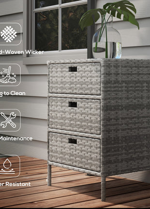 Patio PE Rattan Storage Cabinet, Wicker Pool Cabinet Organizer, Outdoor Towel Rack for Pool with 3 Drawers, Gray